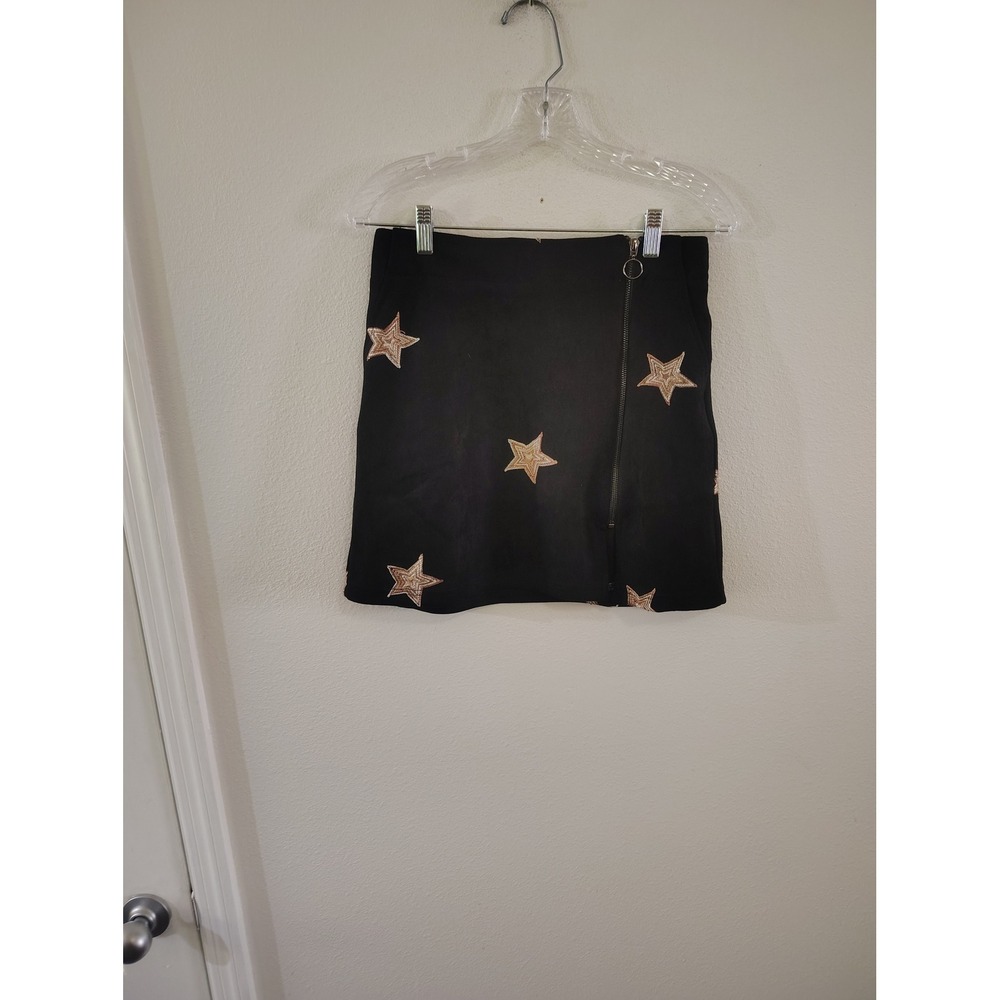Promesa Black Star Embroidered Mini Skirt Side Zip O-Ring Small Celestial